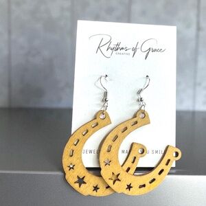 Saddle Up in Style with Our Wooden Horseshoe Dangle Earrings! NWT Wooden Jewelry